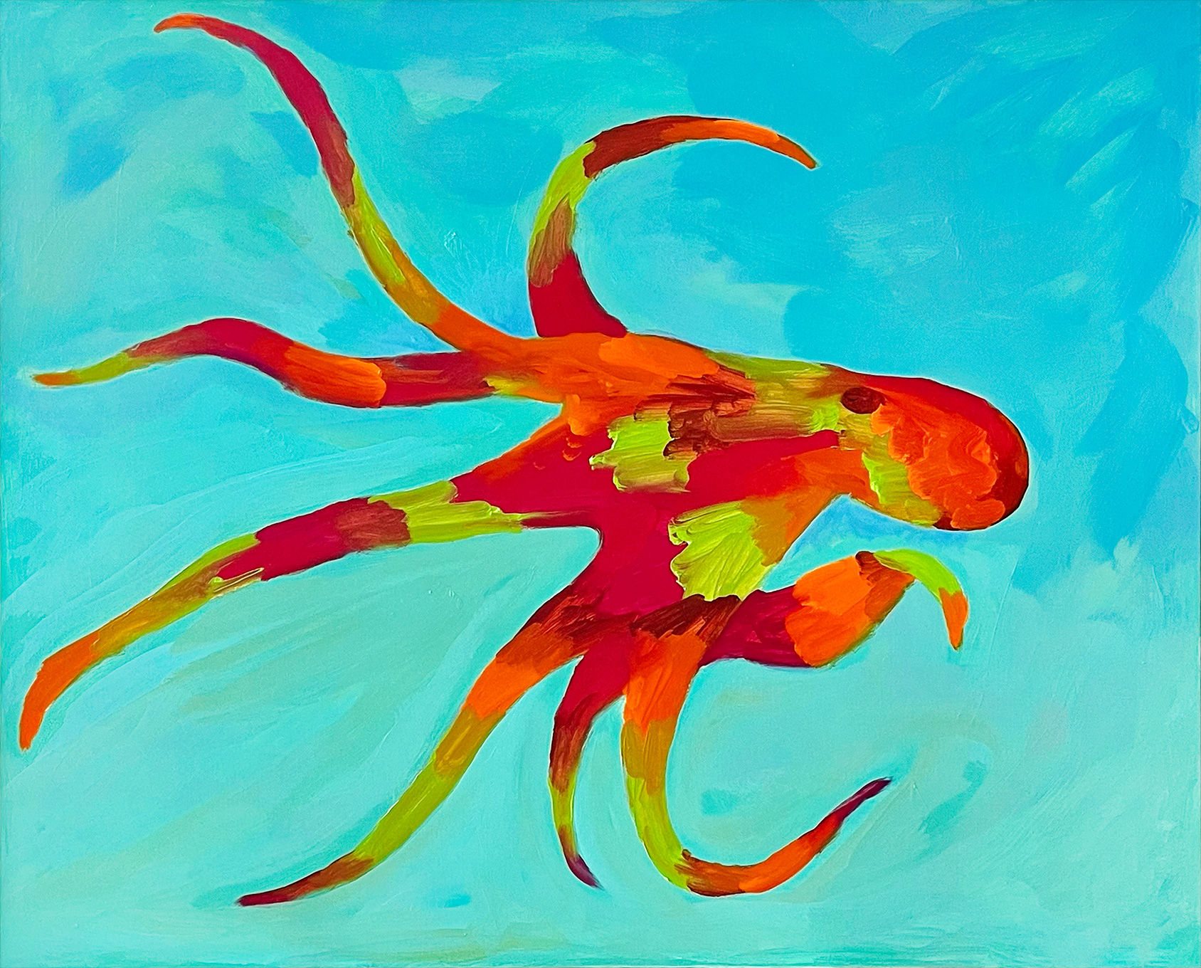octopus-oil-painting-blue-turqouise-red-orange-green-brown-by-paul-seaholm