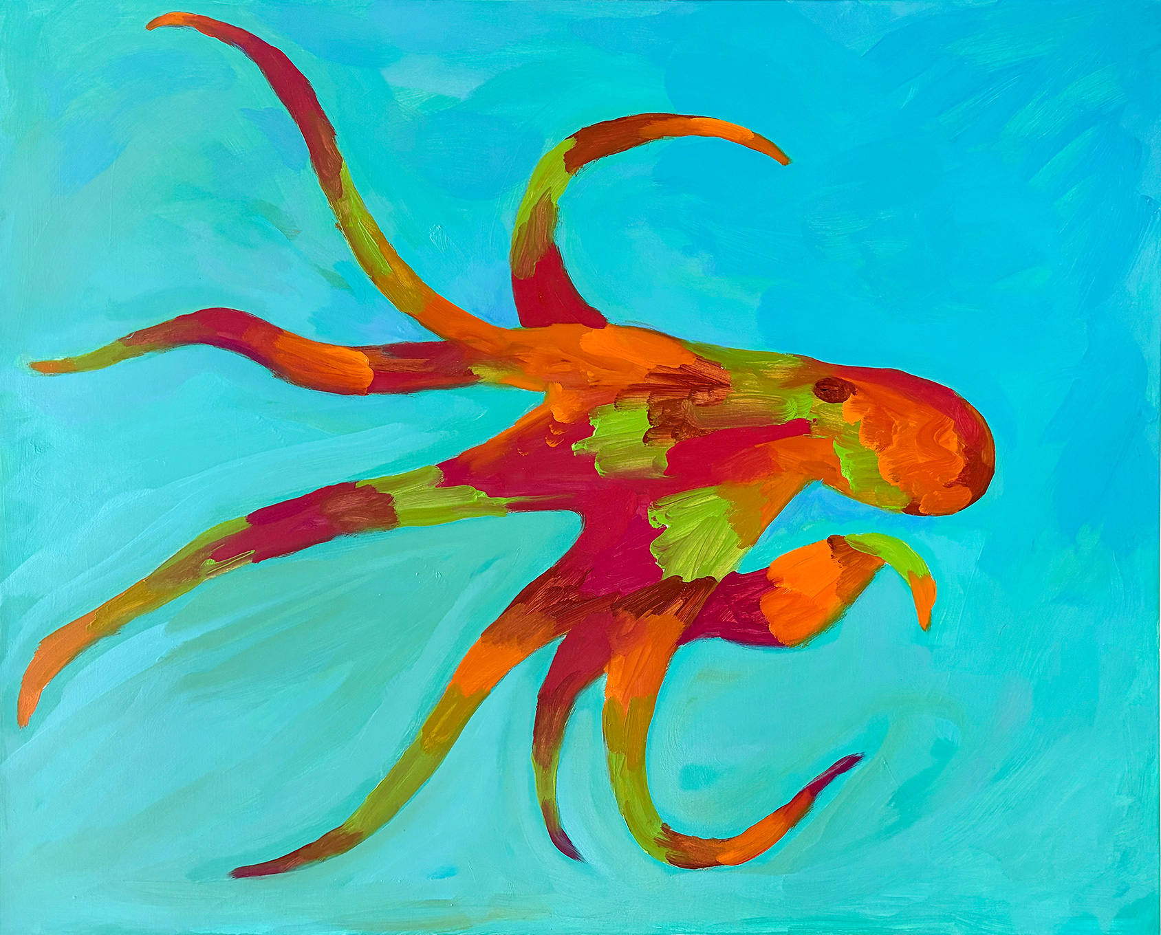 octopus-oil-painting-blue-turqouise-red-orange-green-brown-by-paul-seaholm