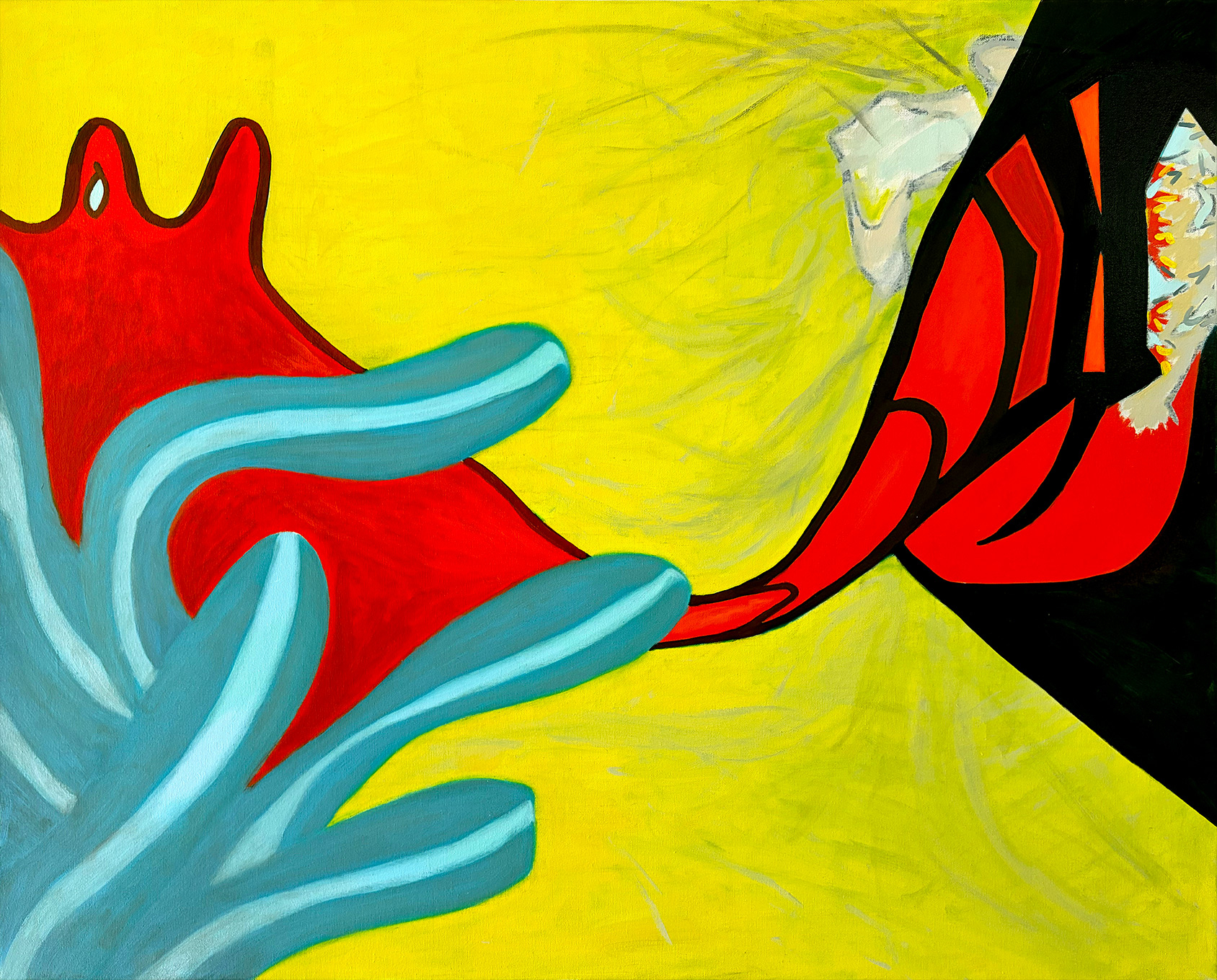 octopus-punching-clown-fish-painting-scarlet-red-teal-black-chartreuse